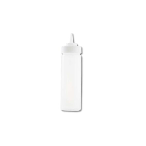 Clear 12 oz wide mouth squeeze bottle with cone tip.