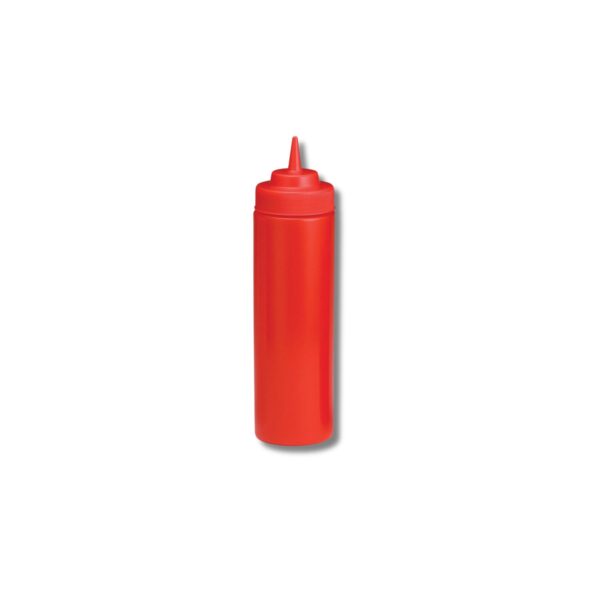 Red 12 oz wide mouth squeeze bottle with cone tip.