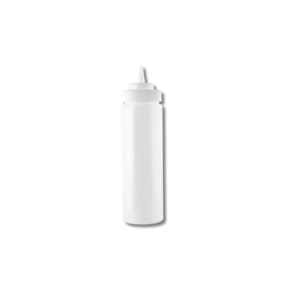 Clear 24 oz wide mouth squeeze bottle.
