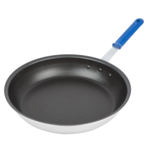 Non stick fry pan with blue handle.