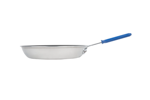 Non stick fry pan with blue handle.
