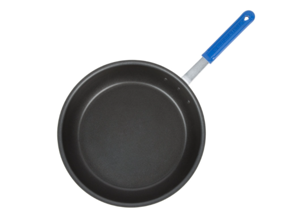 Non stick fry pan with blue handle.