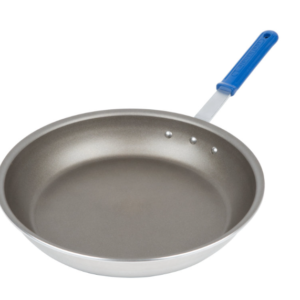 Non stick fry pan with blue handle.