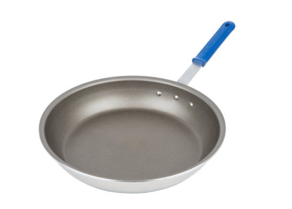 Non stick fry pan with blue handle.