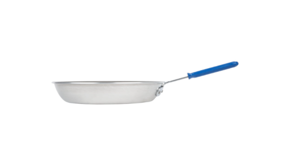 Fry pan with blue handle.