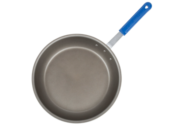Non stick fry pan with blue handle.