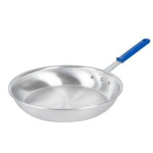 Fry pan with blue handle.