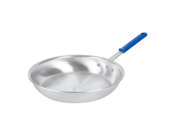 Fry pan with blue handle.