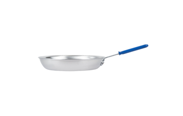 Fry pan with blue handle.