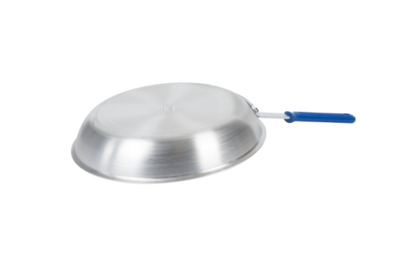 Fry pan with blue handle face down.
