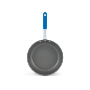 Non stick fry pan with blue handle.