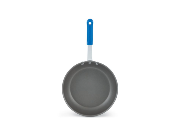 Non stick fry pan with blue handle.