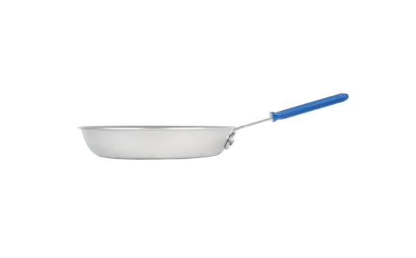 Non stick fry pan with blue handle.