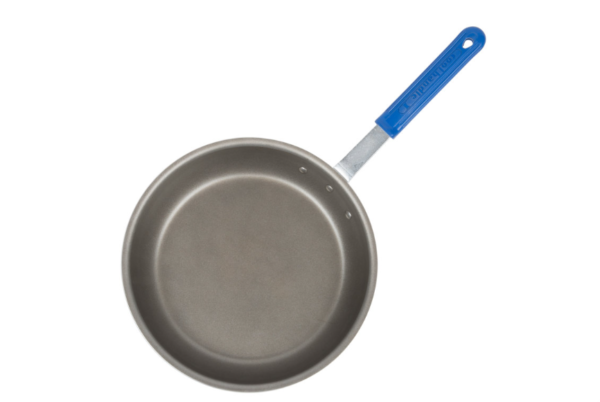 Non stick fry pan with blue handle.