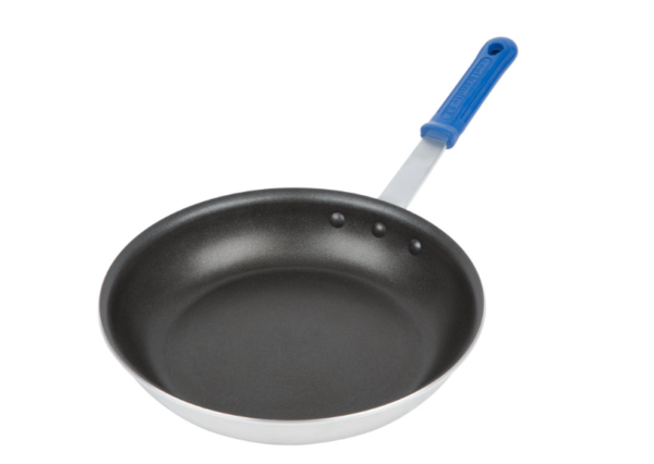 Non stick fry pan with blue handle.