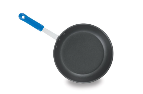 Non stick fry pan with blue handle.