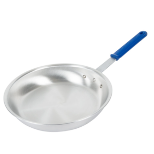 Fry pan with blue handle.