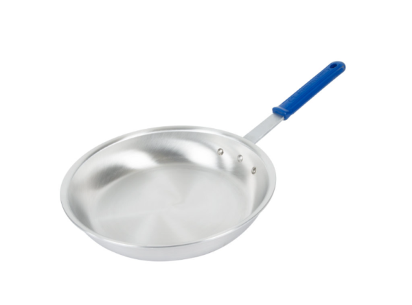 Fry pan with blue handle.