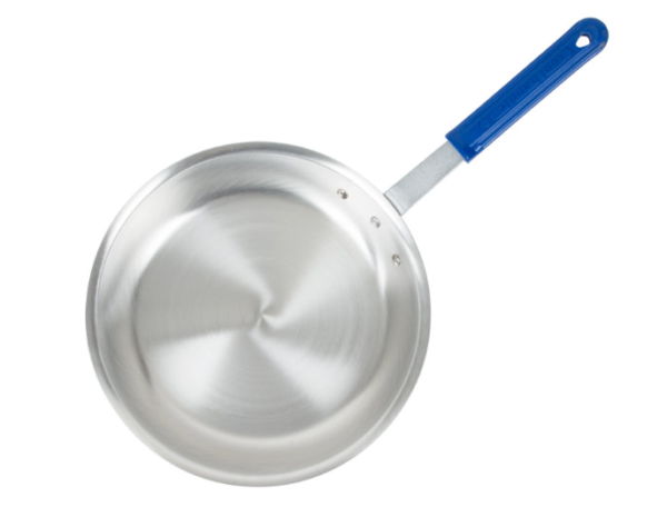 Fry pan with blue handle.