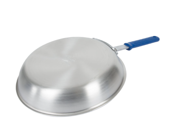 Non stick fry pan with blue handle face down.