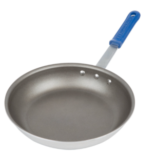 Non stick fry pan with blue handle.
