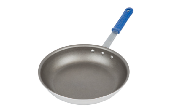 Non stick fry pan with blue handle.