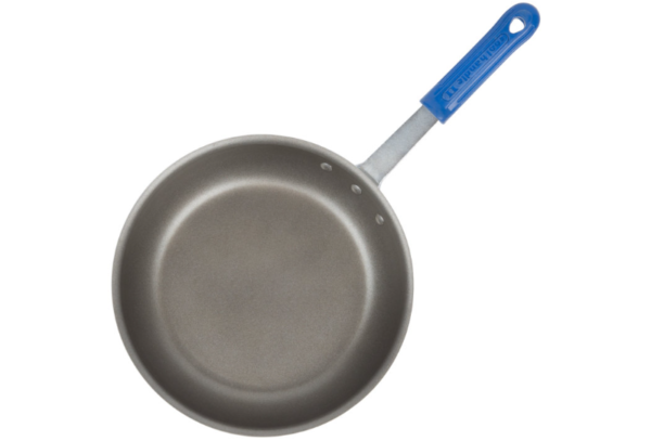 Non stick fry pan with blue handle.