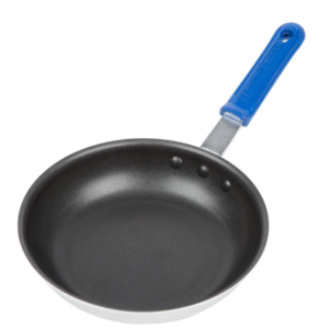 Non stick fry pan with blue handle.