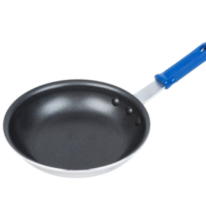 Non stick fry pan with blue handle.