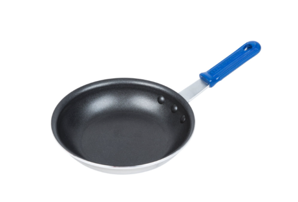 Non stick fry pan with blue handle.