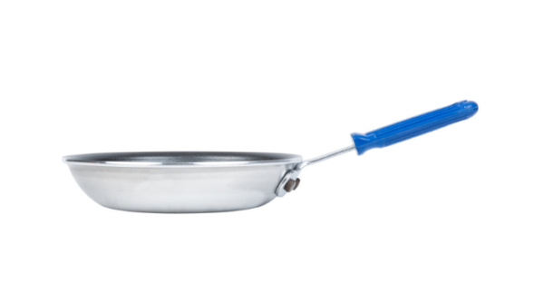 Non stick fry pan with blue handle.