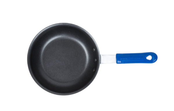Non stick fry pan with blue handle.