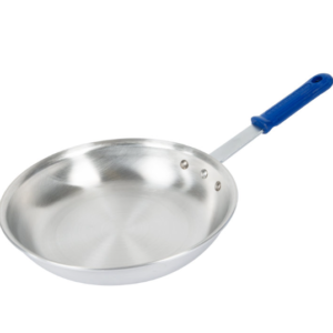 Fry pan with blue handle.