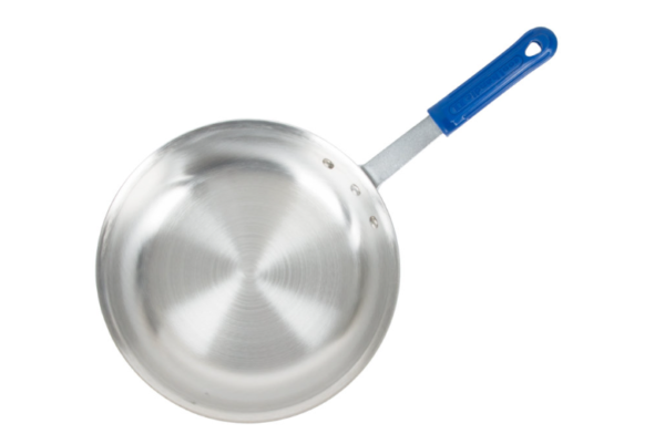 Fry pan with blue handle.