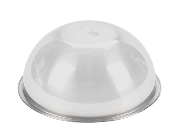 Stainless steel mixing bowl upside down.
