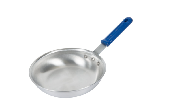 Fry pan with blue handle.