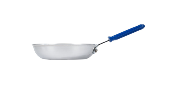 Fry pan with blue handle.