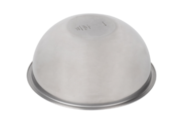 Stainless steel mixing bowl upside down.