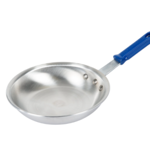 Fry pan with blue handle.