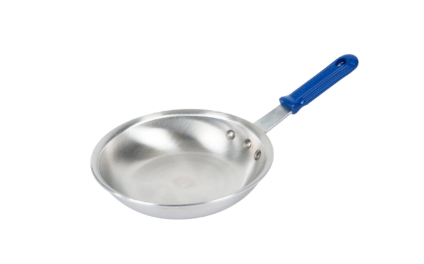 Fry pan with blue handle.