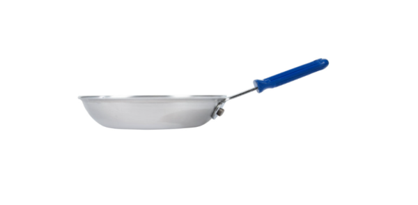 Fry pan with blue handle.