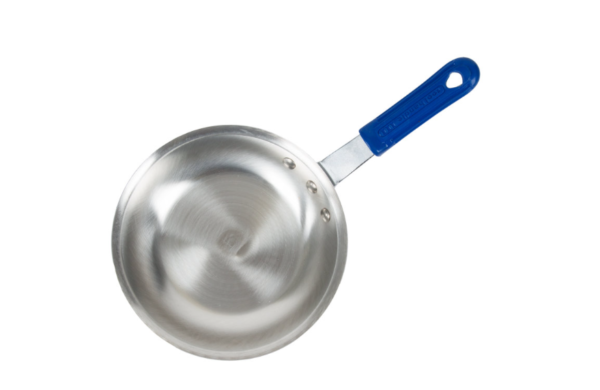 Fry pan with blue handle.