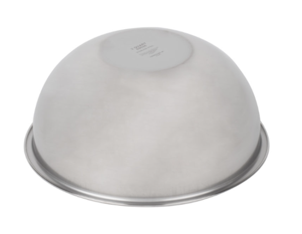 Stainless steel mixing bowl upside down.