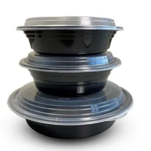 Black bottom with clear top round takeout plastic containers