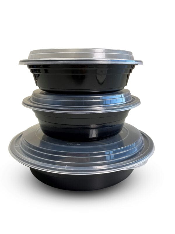 Black bottom with clear top round takeout plastic containers