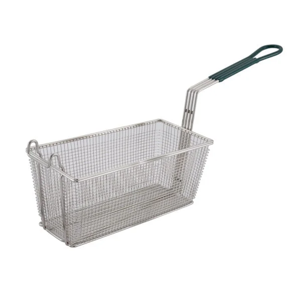 FB-30 commercial fry basket with green heat-resistant handle and nickel-plated finish.