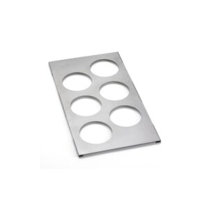 Stainless steel template holding six squeeze bottles.