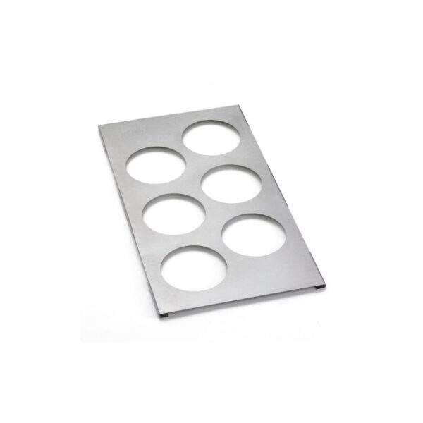 Stainless steel template holding six squeeze bottles.