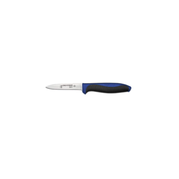 3-1/2" pairing knife with black blue striped handle.