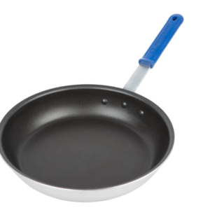 non stick fry pan with blue handle.